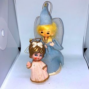 2 Vintage 1970s  holiday angel ornaments light blue 7” flocked pink 3 5/8”